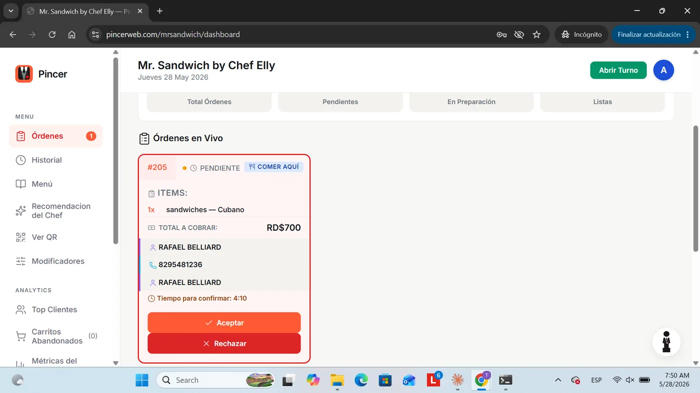 Dashboard de Pincer recibiendo una nueva orden en tiempo real